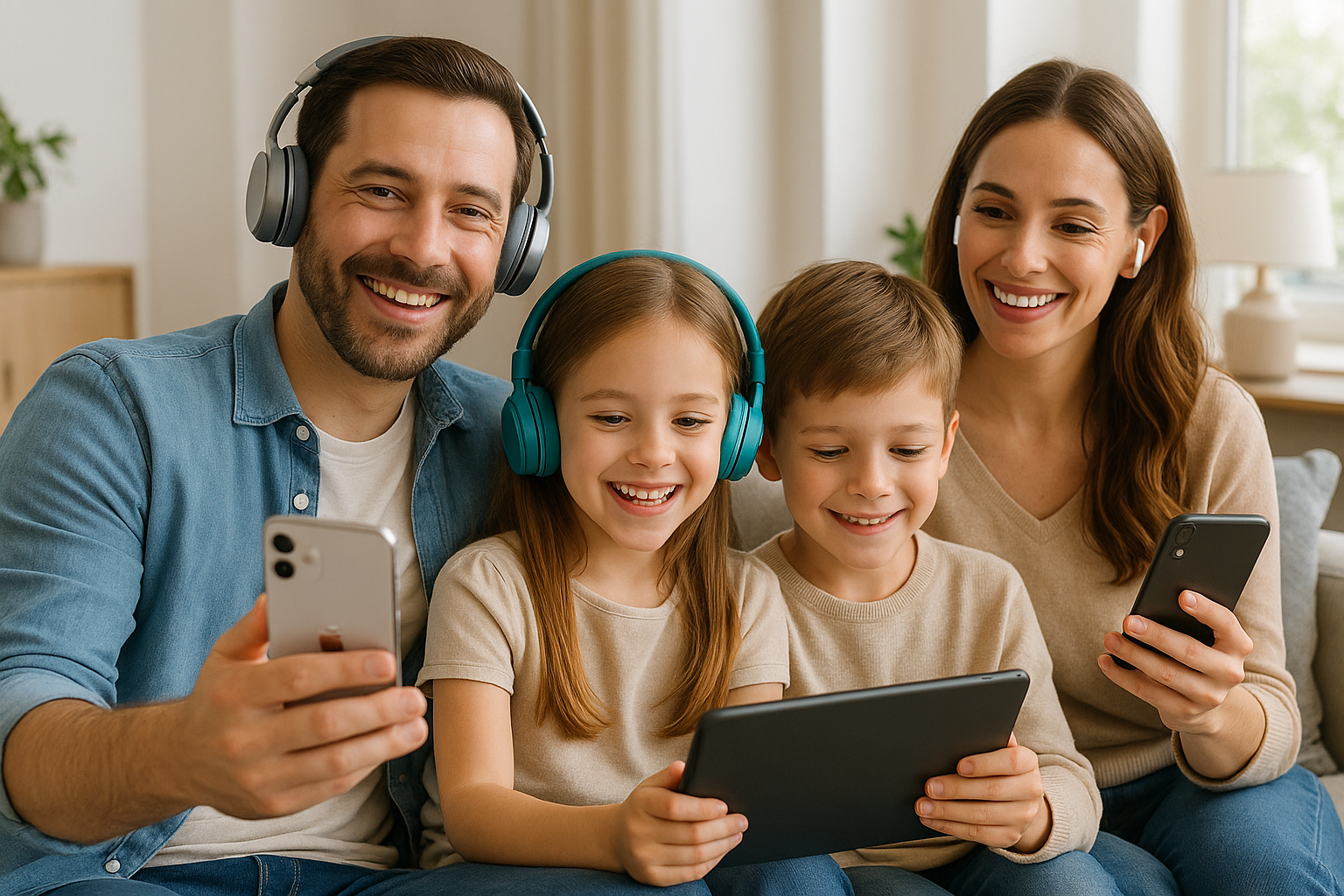 genera un immagine di una famiglia felice che usa prodotti tecnologici come cuffie wireless e iphone sorridendo